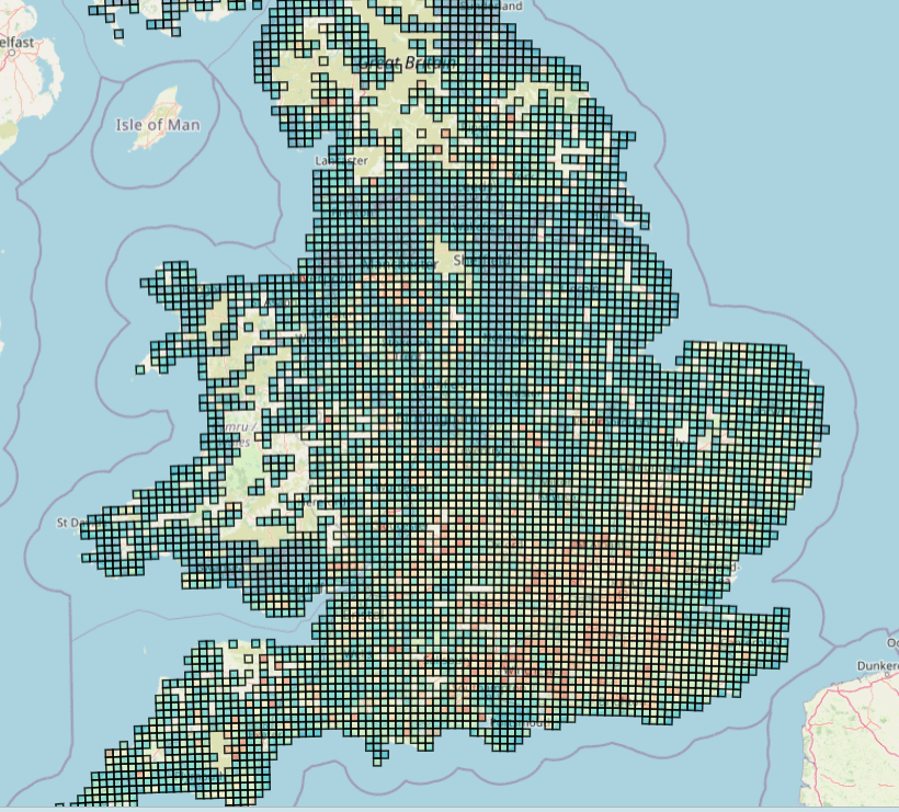 [OC] UK house prices and Find my Area Tool - match scores shown on a 1km>25km grid (using sold prices, 2020 to 2025)