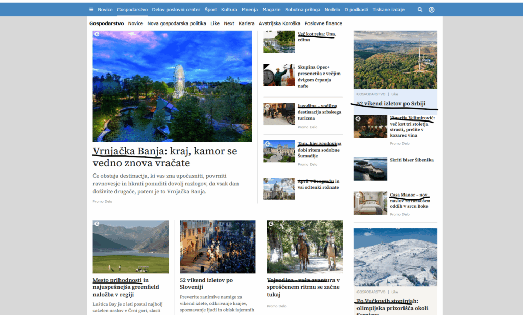 The entire "Economy" section on the online portal of the Delo newspaper is completely flooded with promotional articles for Serbia and Montenegro