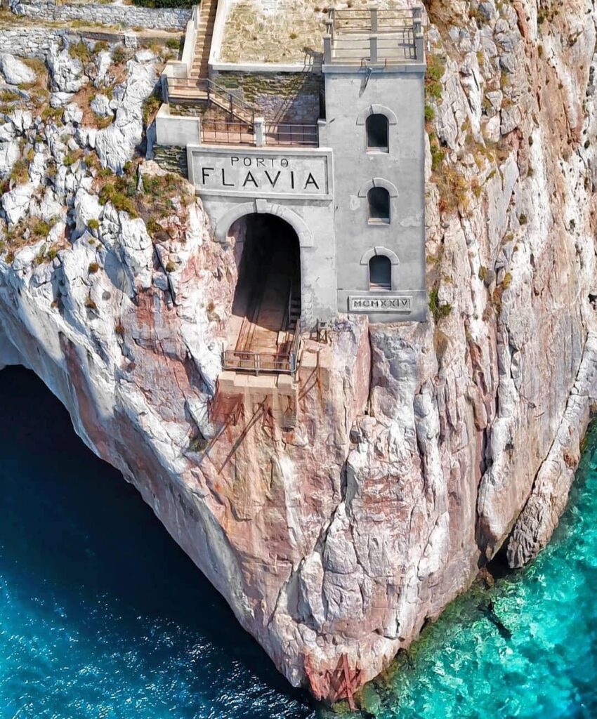 The sea harbour of Porto Flavia, built in 1924. Sulcis-Iglesiense, Sardinia, Italy