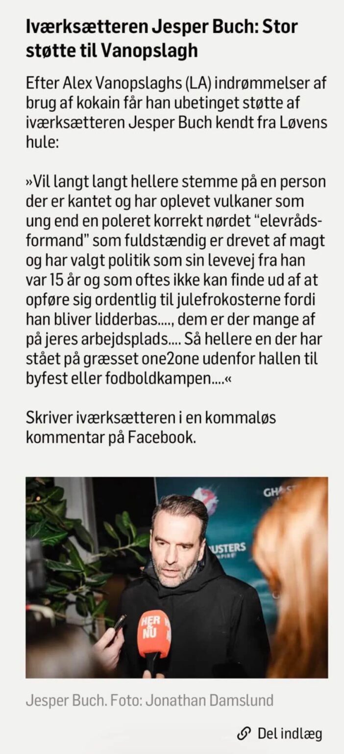 Jesper Buch: Would rather hve Alex than someone "who is completely driven by power and has chosen politics as his way of life since he was 15" - but isn't that the essence of Alex?