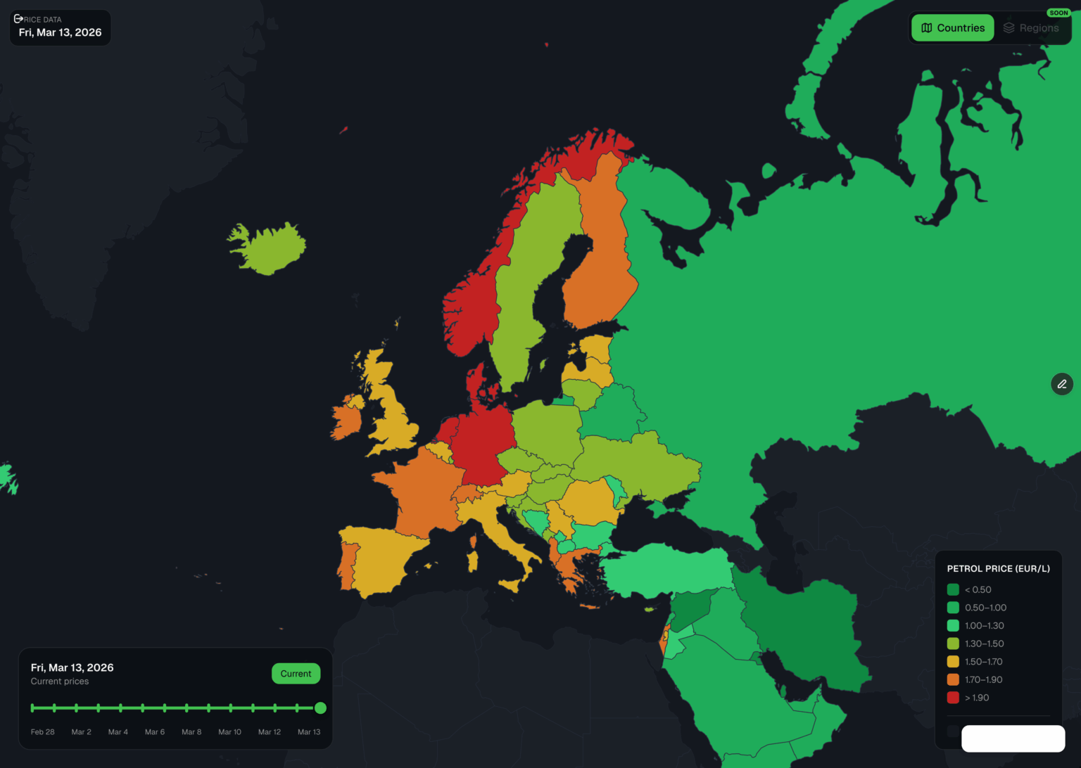 Fuel Prices in Europe and Middle East | 13 March 2026