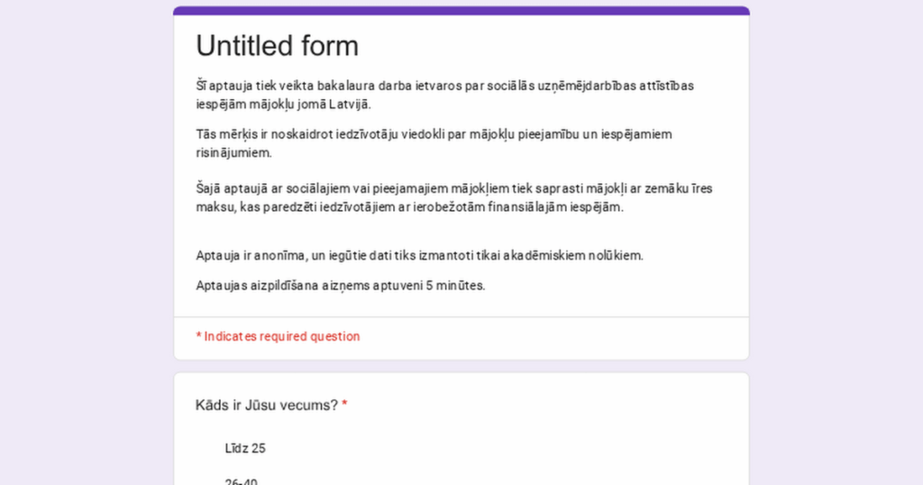 Survey on social entrepreneurship development opportunities in the field of housing in Latvia.