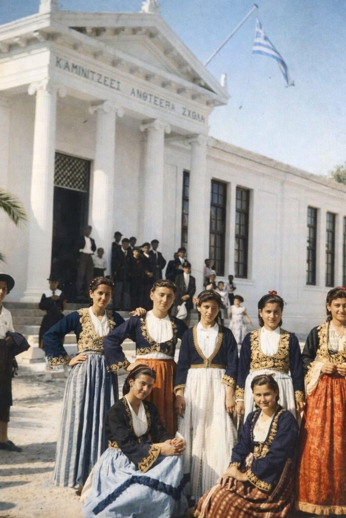 Girls wearing traditional Cypriot costumes outside the Leukoniko High School. Leukoniko has been under occupation since 1974.