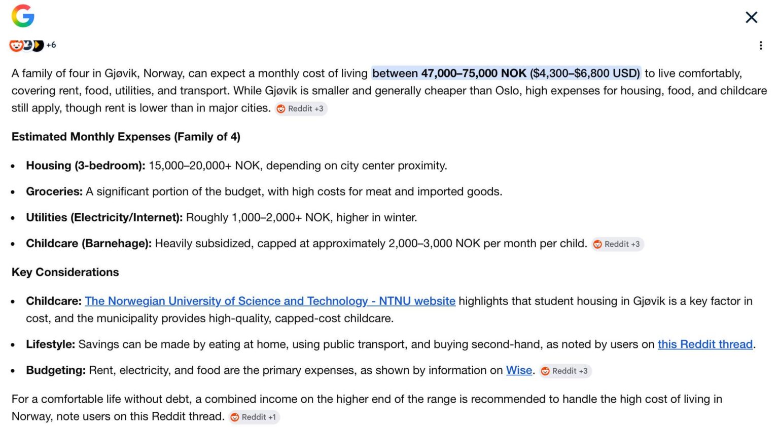 Is Google’s AI summary correct for cost of living?