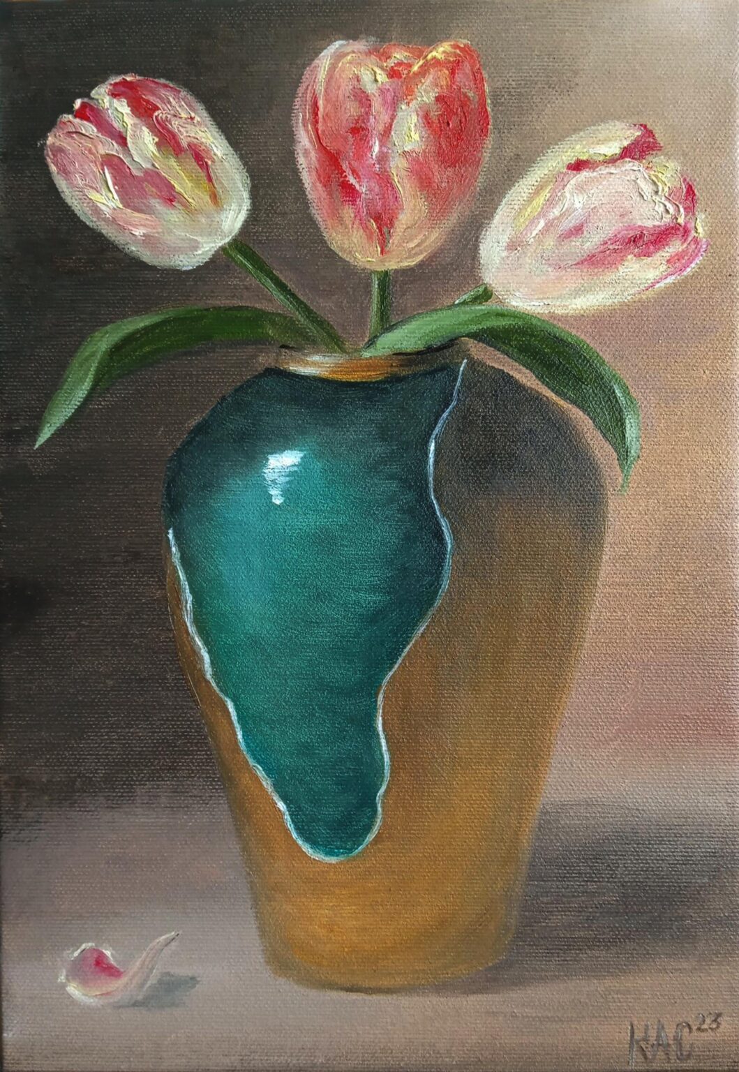 My painting "Tulips in a turquoise-gold vase" - oil on canvas