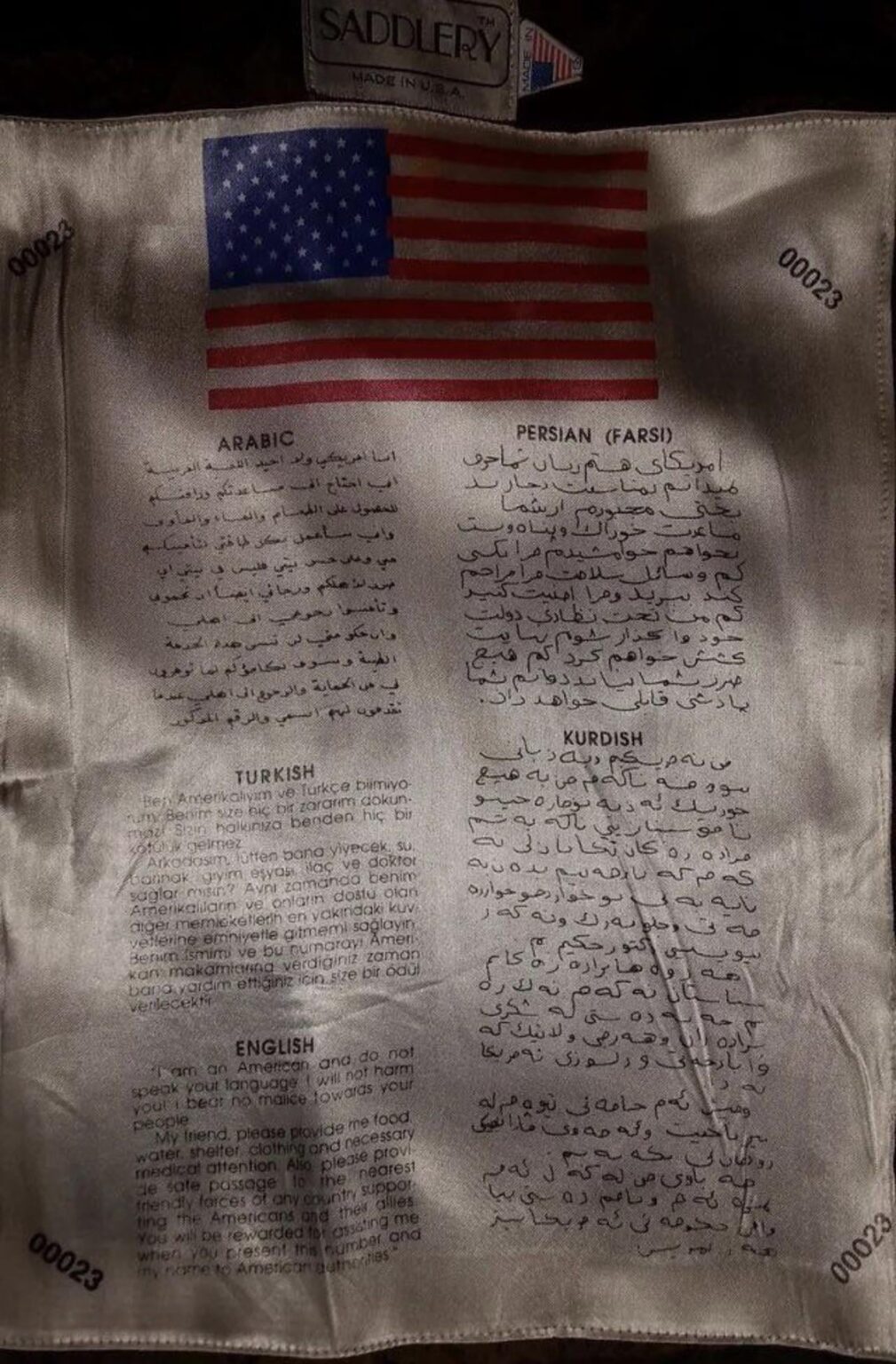 Text in several languages ​​carried by the downed F-15 pilot.