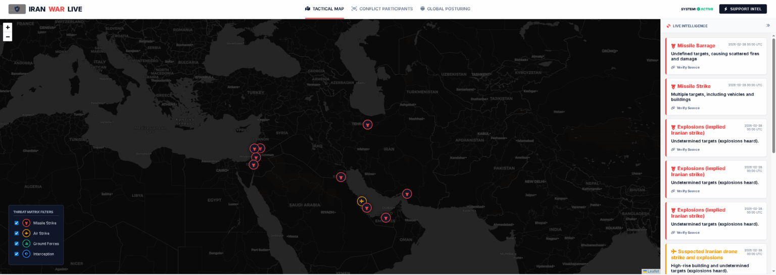 [OC] A live, automated threat matrix mapping kinetic strikes and military posturing in the Middle East.