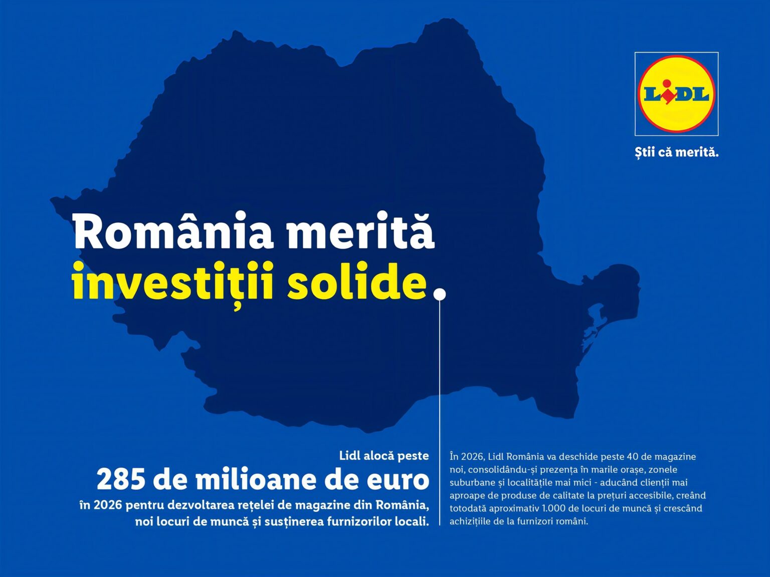 Lidl Romania announces a network expansion plan of over 285 million euros for our country in 2026, 56% higher than in 2025, with over 40 new supermarkets