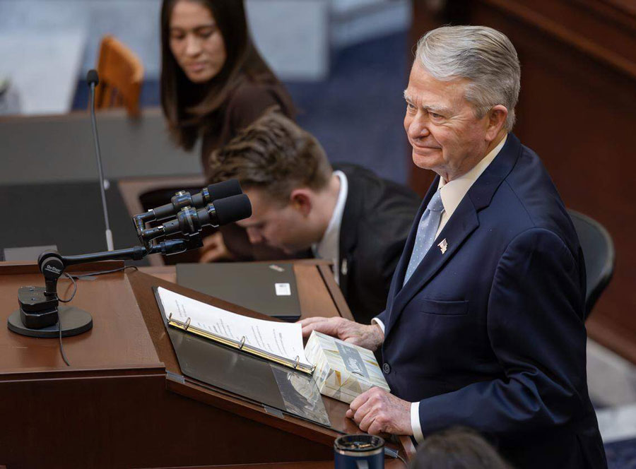 Gov. Brad Little gives the State of the State address at the Idaho Capitol on Jan. 12. (Credit: Sarah A. Miller, Idaho Statesman)