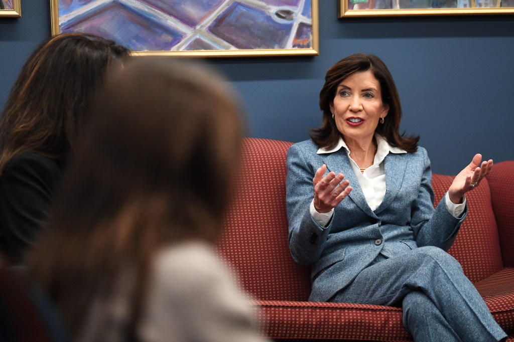 NY Governor Kathy Hochul speaking at a roundtable meeting on technological safety for kids.