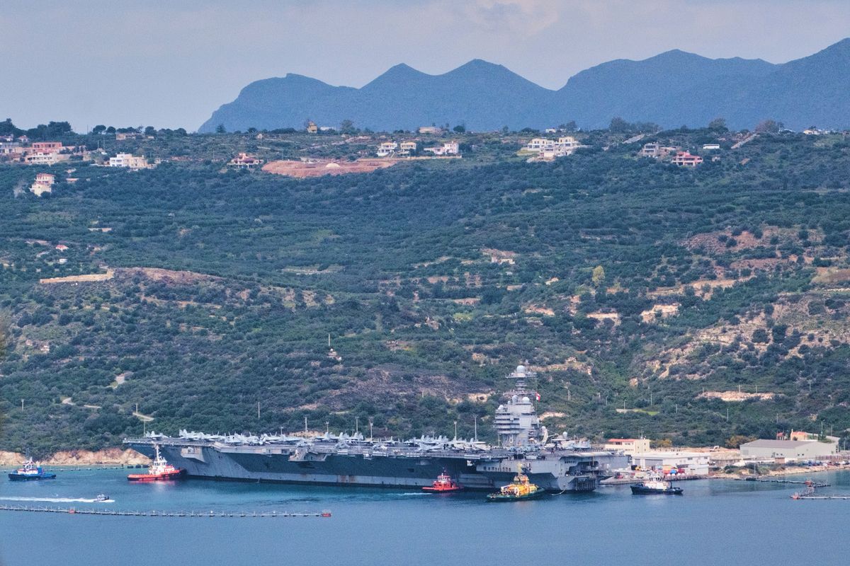 The USS Gerald R. Ford aircraft carrier docked at Souda Naval Base