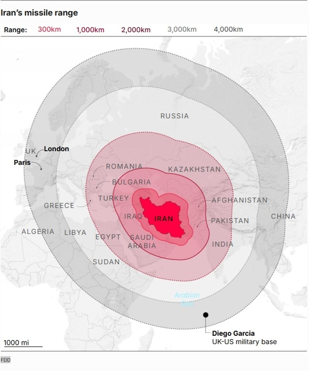 Map of potential Iranian missile range