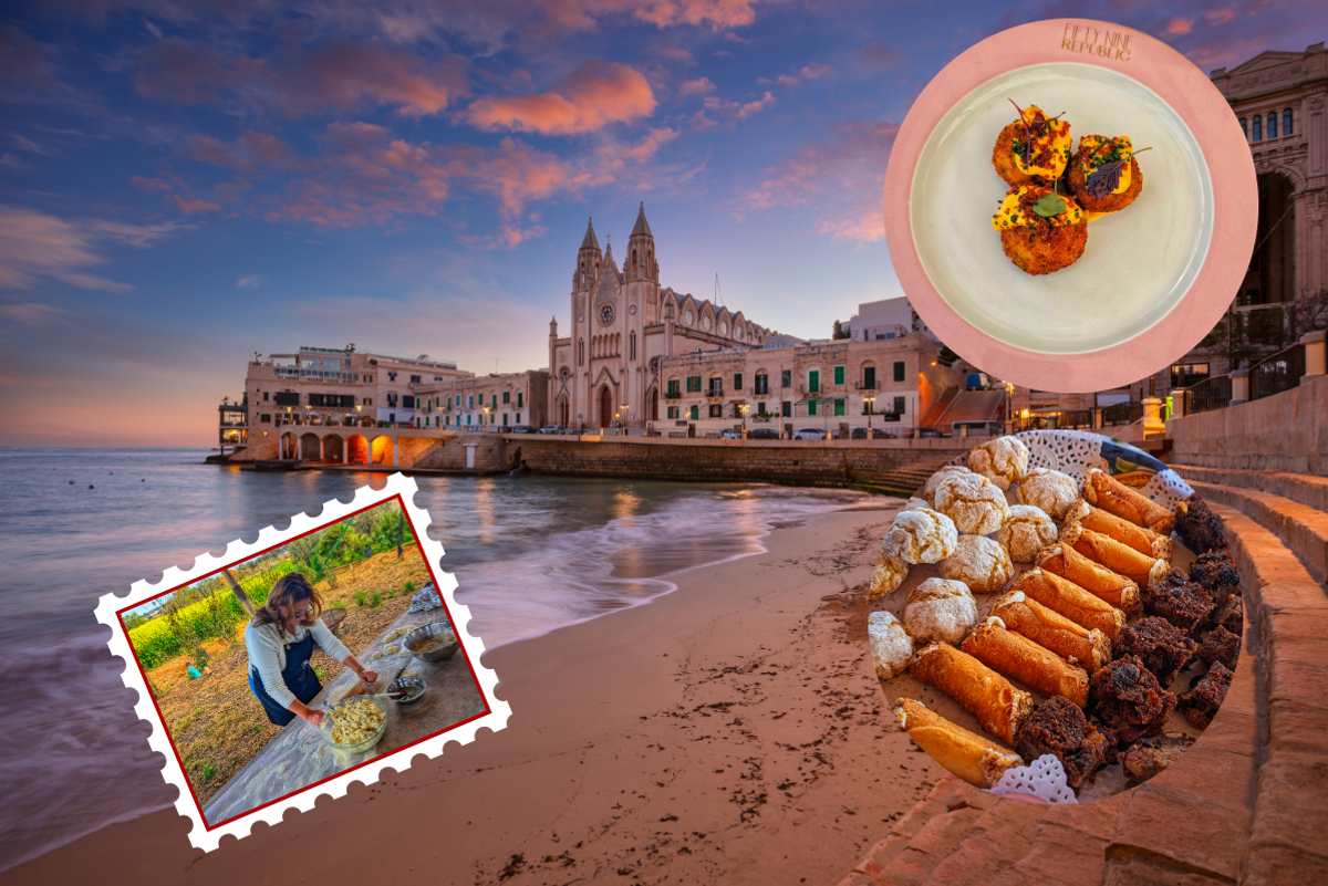 An image of Baluta Bay with inserts of food enjoyed on the trip