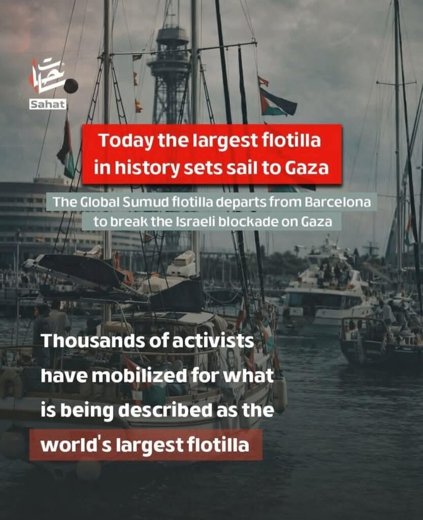 Global Sumud Flotilla sets sail again from Barcelona to Gaza (The largest Flotilla in History).
