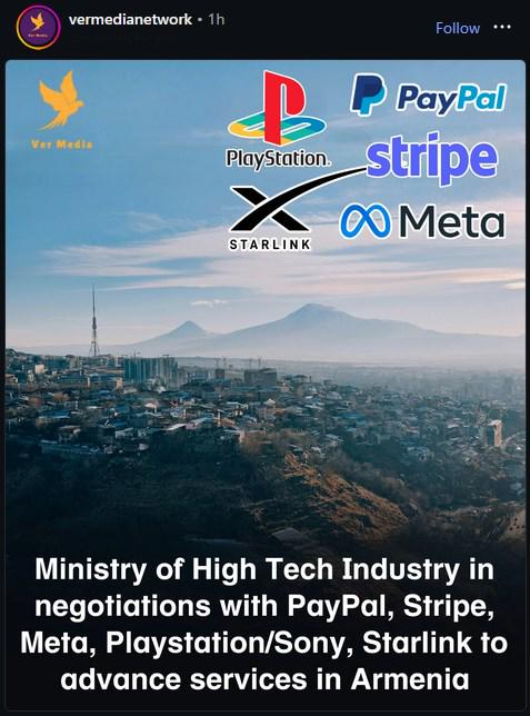 Ministry of HIgh Tech Industry in negotiations with PayPal, Stripe, Meta, PlayStation/Sony, Starlink to advance services in Armenia