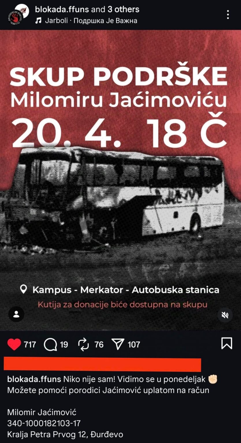 Support rally for Milomir Jaćimović in Novi Sad tomorrow at 6 pm + Milomir announced who set his bus on fire.
