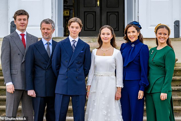 Newly-bereaved Queen Mary of Denmark (second from right) was at her family's side to attend the confirmation of her twin children Prince Vincent and Princess Josephine (centre)
