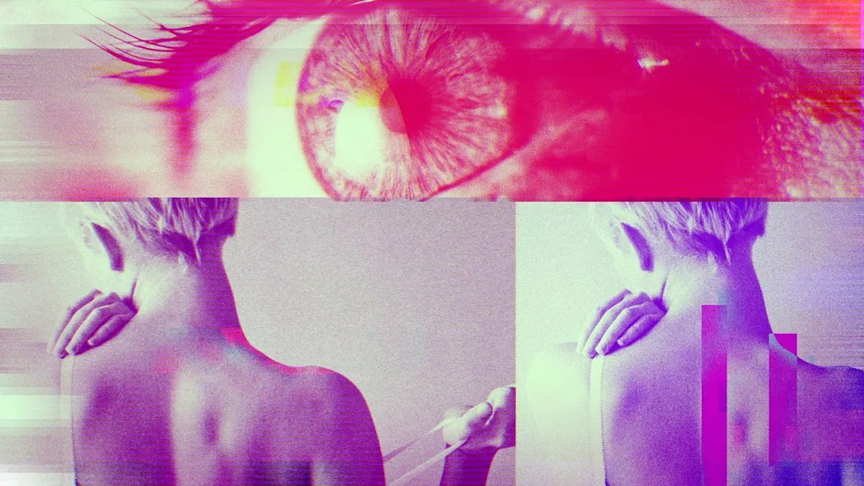Illustration of a woman undressing and a macro image of an eyeball.