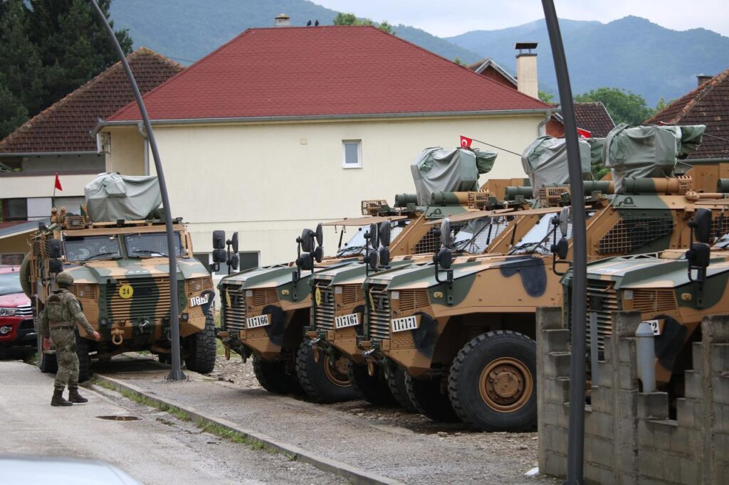 Turkish Army soldiers take security measures around Zubin Potok district in Northern Kosovo upon the request of NATO Kosovo Force (KFOR) in Mitrovica, Kosovo on June 15, 2023. (AA Photo)