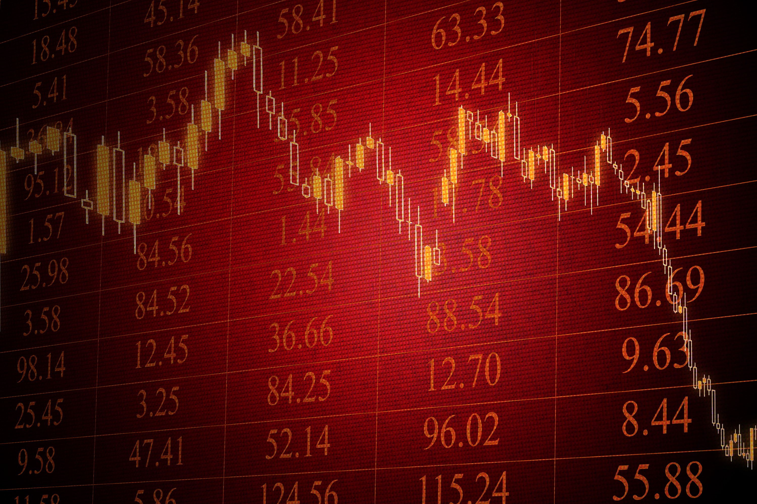 Red stock chart trending down in bear market.