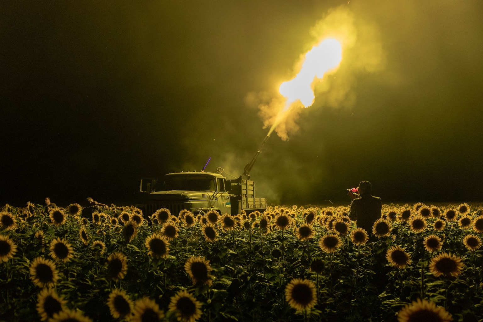 July 19, 2025: 59th Brigade mobile air defense fires at a Russian drone from a sunflower field near Pavlohrad.