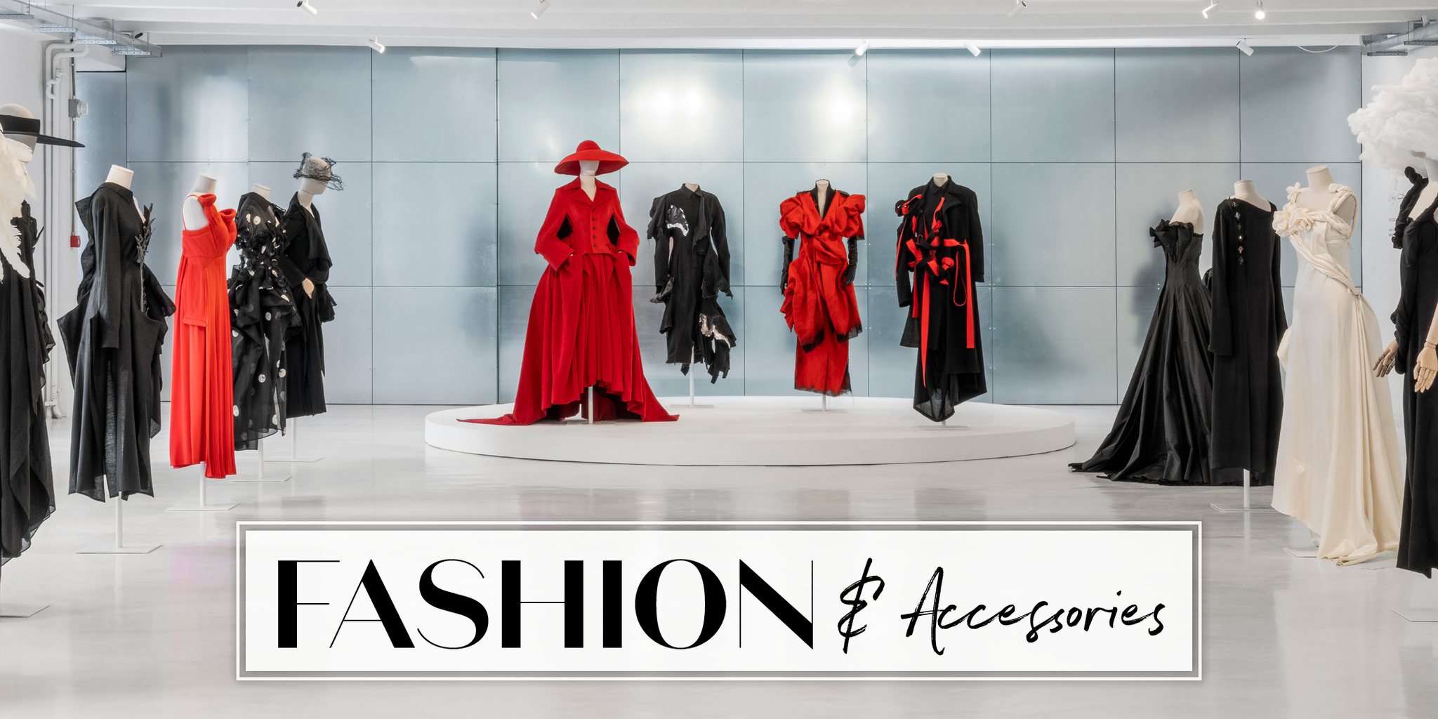 Fashion display featuring a variety of dresses and accessories.