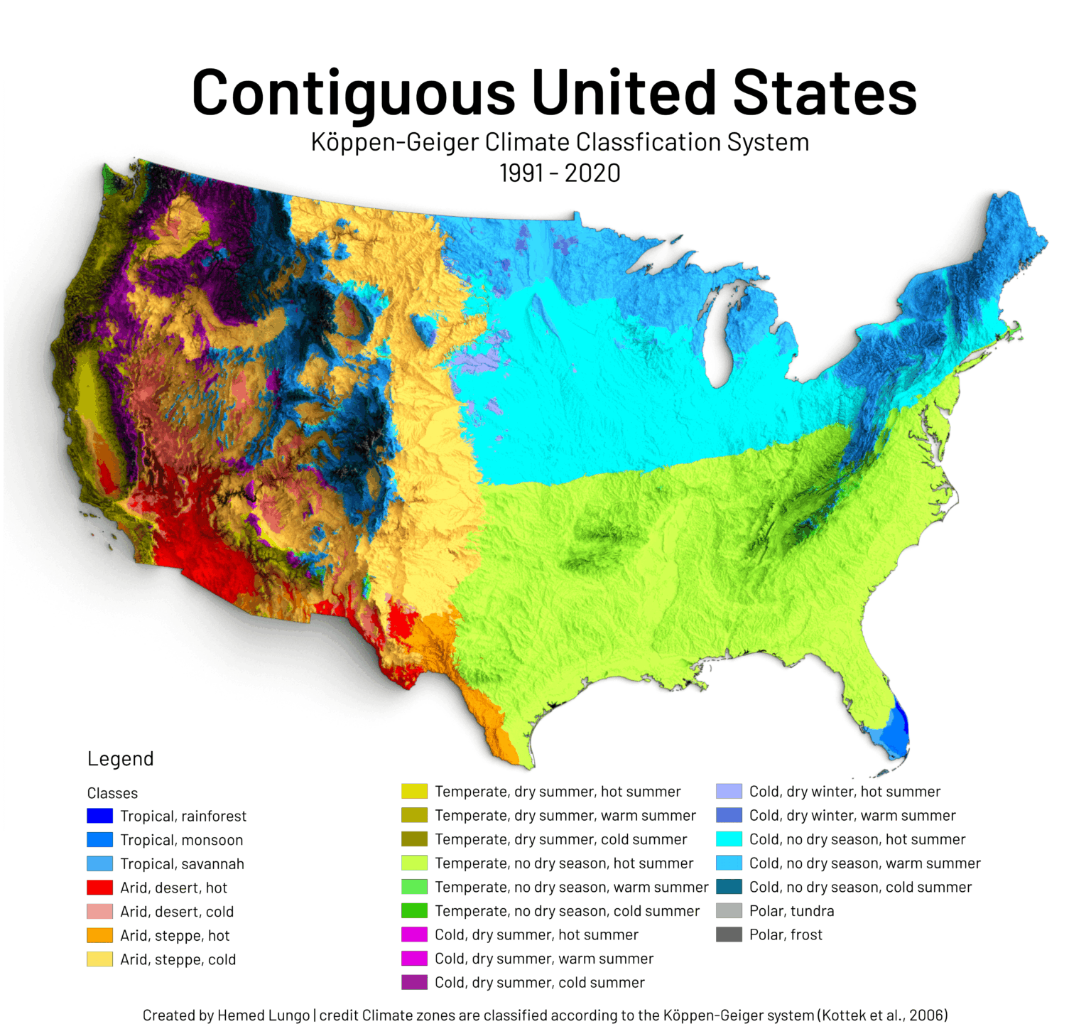 [OC] Map showing Contiguous United States Climate Köppen-Geiger classification(1991 - 2020)