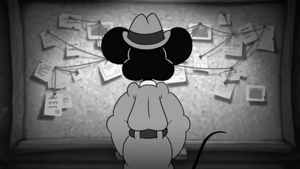 Jack Pepper staring at his clue board in Mouse: P.I. For Hire.