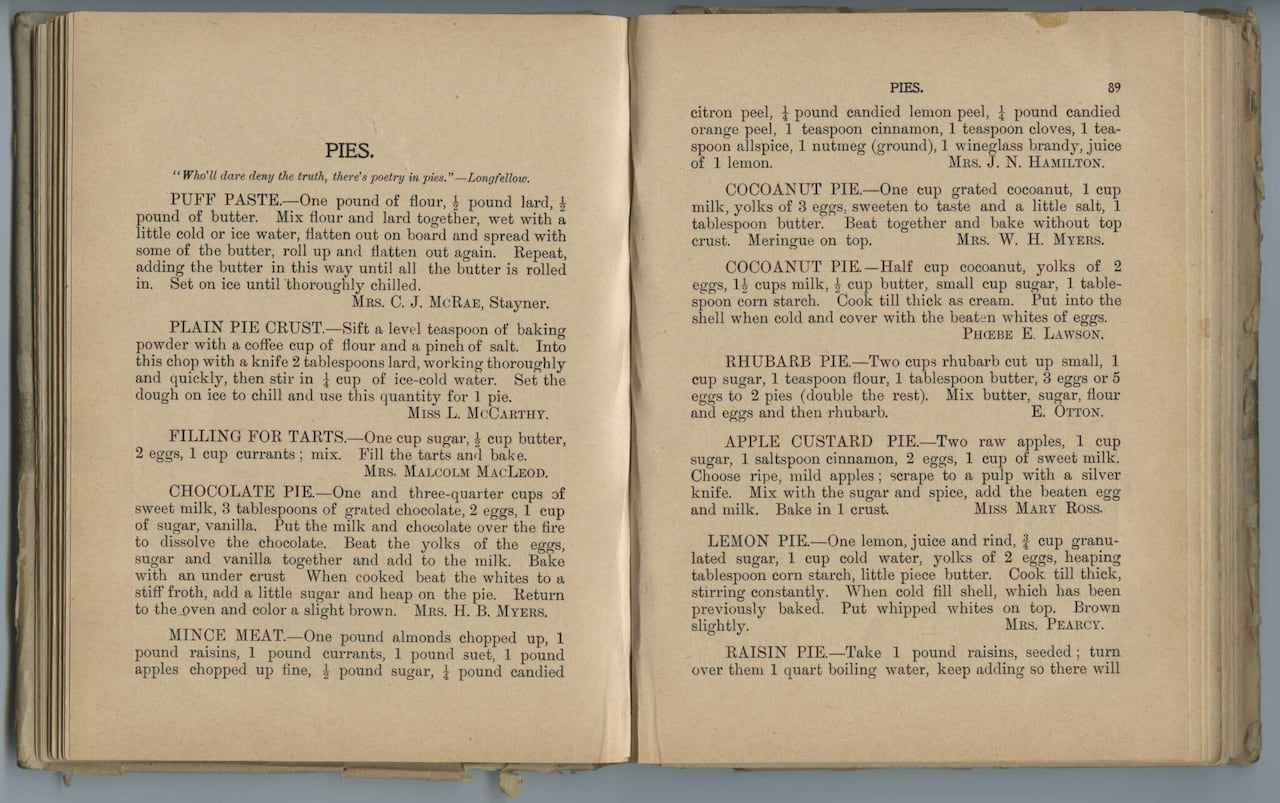 Scanned pages of a old book with several pie recipes.