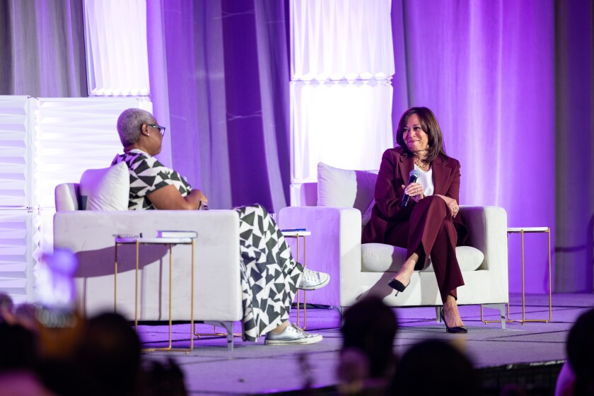 Former Vice President Kamala Harris gets emotional while speaking about her 2024 campaign with summit founder Bishop Leah Daughtry.
