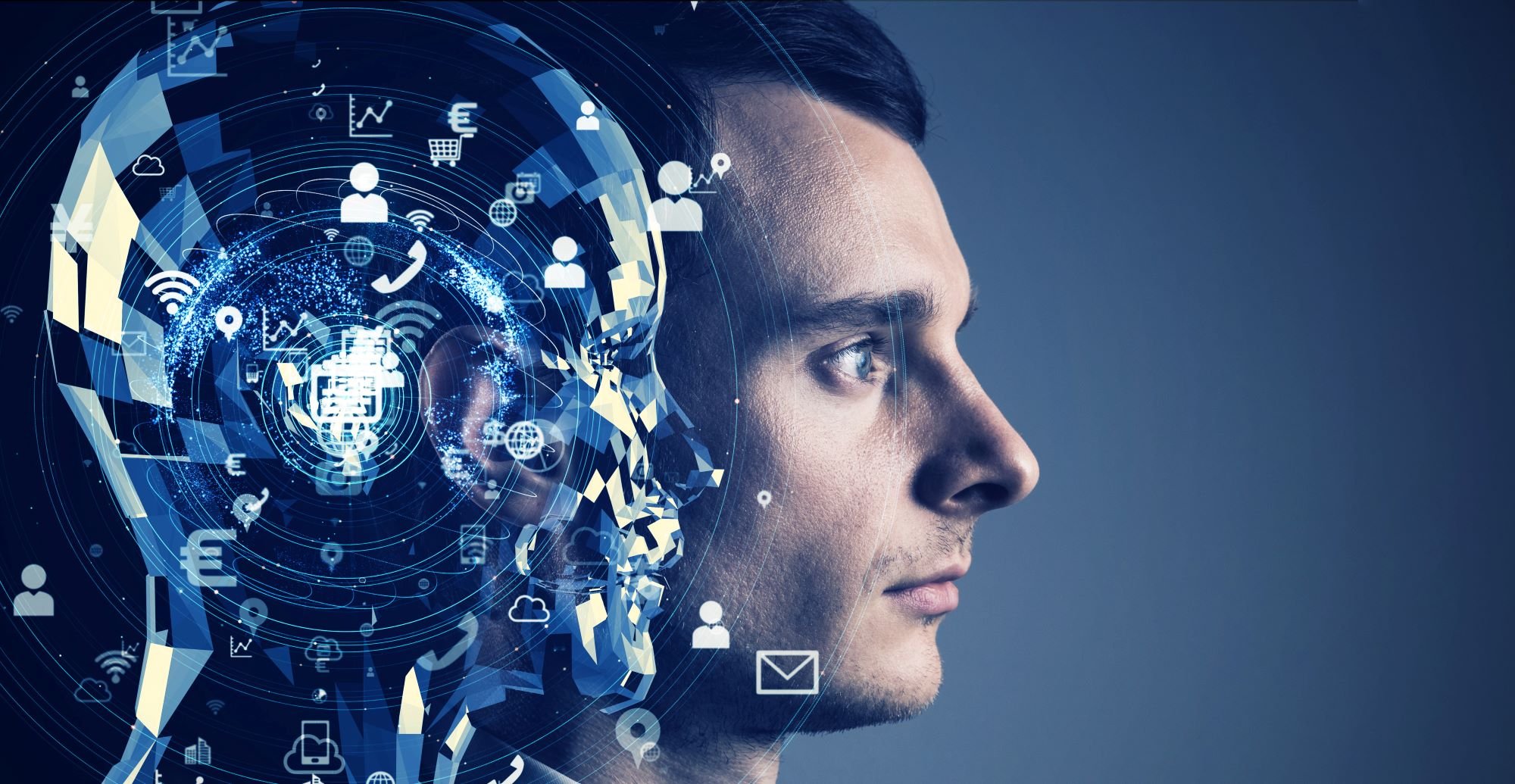 Futuristic image showing artificial intelligence concepts next to a person's face.