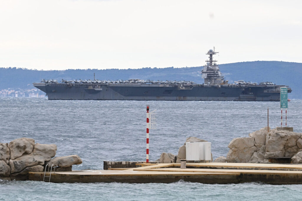 USS Gerald R. Ford arrives to the port of Split, Croatia, Saturday, March 28, 2026. (AP Photo/Tom D...