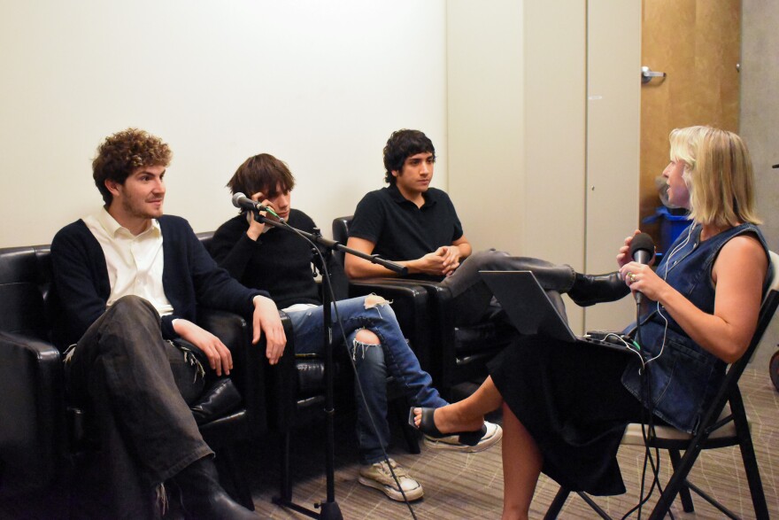 Belgium Tree members Dace Santa Cruz (left) and Keanu Klepfer as well as session drummer Jhasiel Mora speak with The Show host Lauren Gilger at ASU's School of Earth and Space Exploration in Tempe.