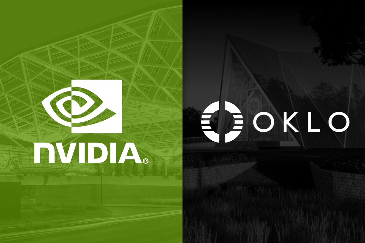 A split image of the Nvidia and Oklo logos superimposed over images of their respective company headquarters.