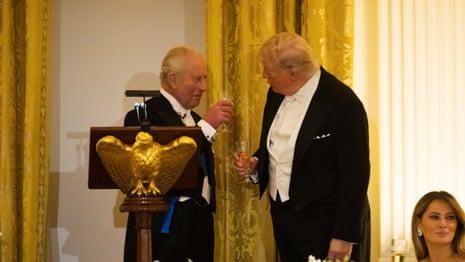 Jokes, condolences and a shiny gift: Trump and King Charles speak at US state dinner – video