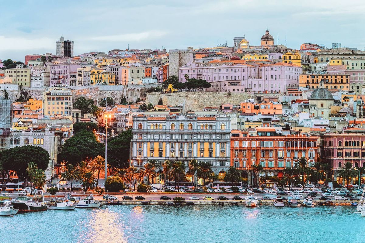 Cagliary cityscape and architecture with Mediterranean Sea in Sardinia island, Summer Italy