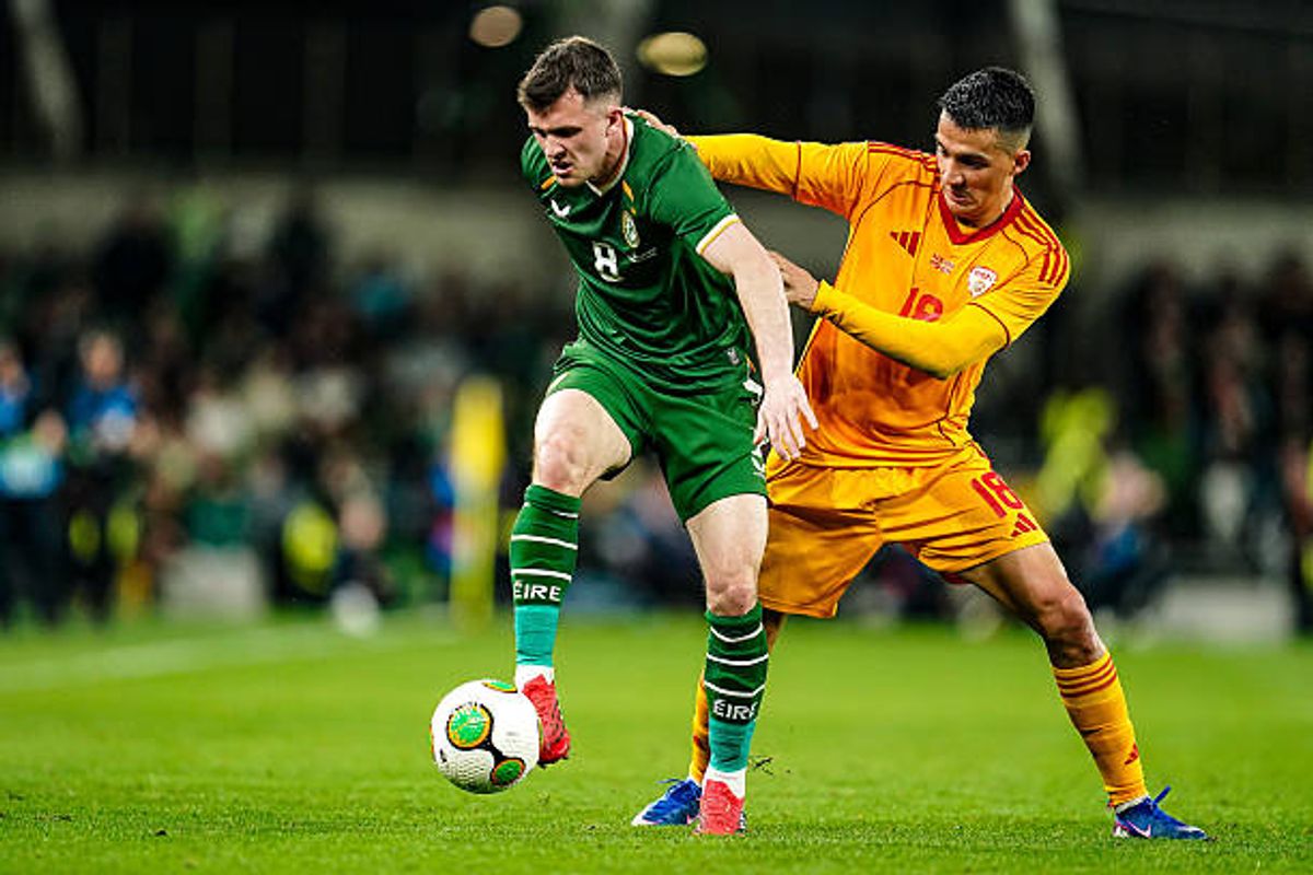 DUBLIN, IRELAND - MARCH 31: Jason Knight of Republic of Ireland (L) and Tihomir Kostadinov of North Macedonia (R) battle for the ball (duel)  during the International Friendly match between Republic of Ireland and North Macedonia at Aviva Stadium on March 31, 2026 in Dublin, Ireland. (Photo by Daniela Porcelli/Sports Press Photo/Getty Images)
