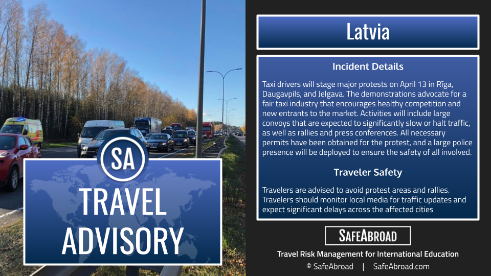Expect travel disruptions on April 13 due to taxi industry protests in Rīga, Daugavpils, and Jelgava, Latvia. Expect travel disruptions on April 13 due to taxi industry protests in Rīga, Daugavpils, and Jelgava, Latvia.
