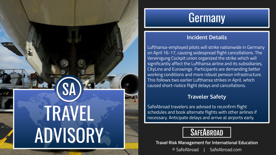 Anticipate flight delays and cancellations during a nationwide strike in Germany on April 16 and April 17. Anticipate flight delays and cancellations during a nationwide strike in Germany on April 16 and April 17.
