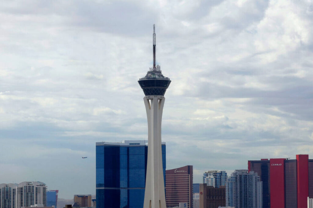 The Strat hotel-casino is seen as cloudy skies linger over the Las Vegas Valley, on Thursday, O ...