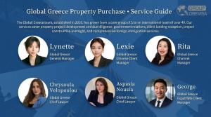 A service guide slide for Globevisa Group's Global Greece Property Purchase division. The image features a short text describing the team's growth since 2016 and their comprehensive immigration services, accompanied by the headshots and professional title