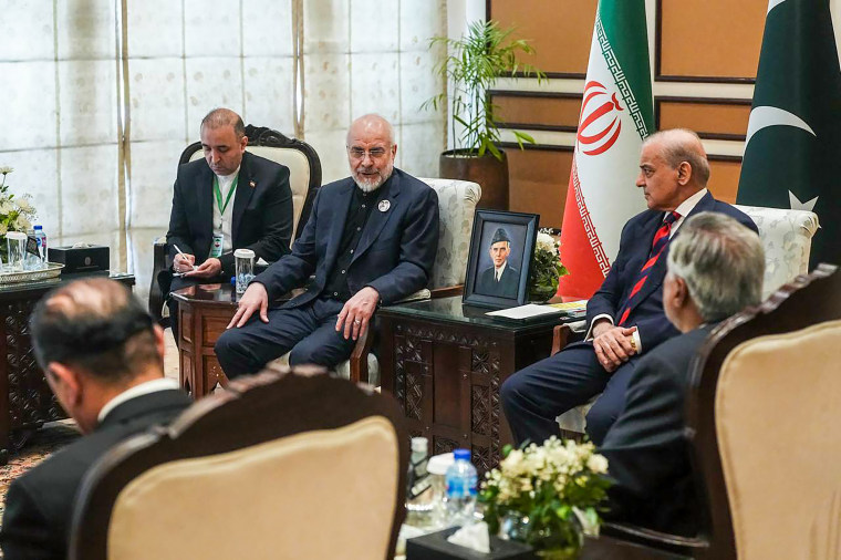 Pakistan's Prime Minister Shehbaz Sharif meets with Iranian Parliament Speaker Mohammad Bagher Ghaliba