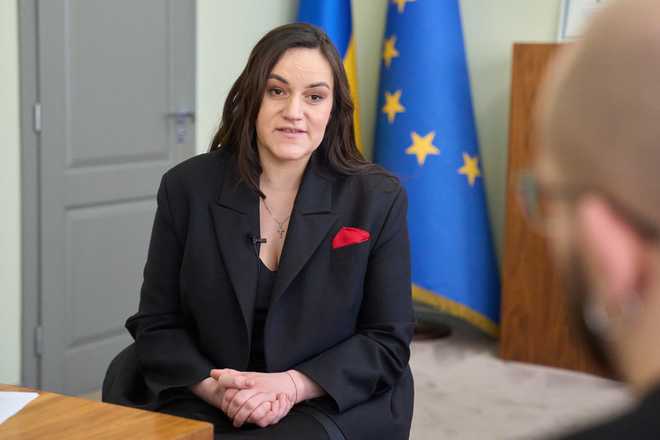 Ukraine's Culture Minister Tetiana Berezhna speaks during an interview with the Associated Press in Kyiv, Ukraine, on Feb. 20, 2026.