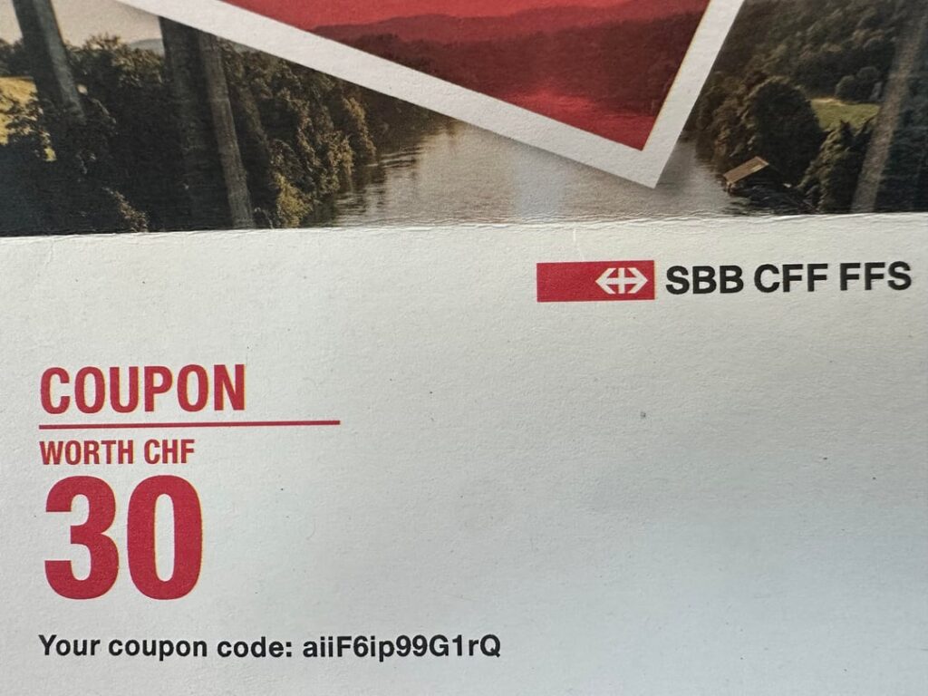 SBB Coupons. my 2 annual coupons for the Swiss half fare card. Please post in the comments when used. Good luck and enjoy. Give two people the chance to enjoy more sustainable and convenient travel throughout Switzerland, just like you do – at half price*. Gift the two CHF 30 coupons