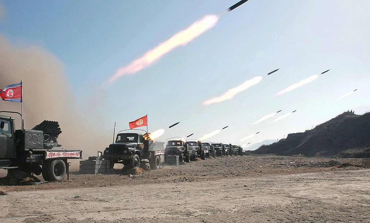 North Korean Type-75 MLRS mounted on lorries.