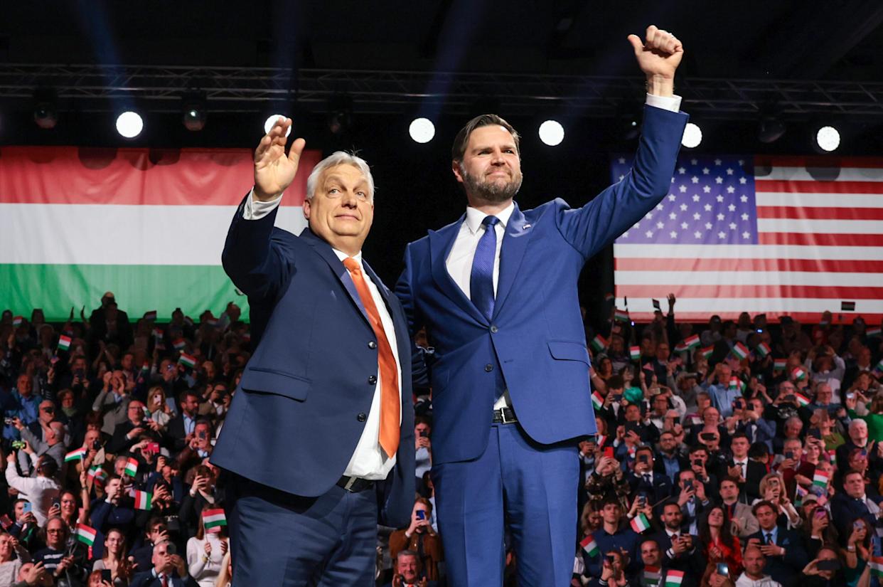 Vice President JD Vance and Hungarian Prime Minister Viktor Orbán at a rally on April 7, 2026 in Budapest, Hungary. / Credit: Jonathan Ernst-Pool / Getty Images