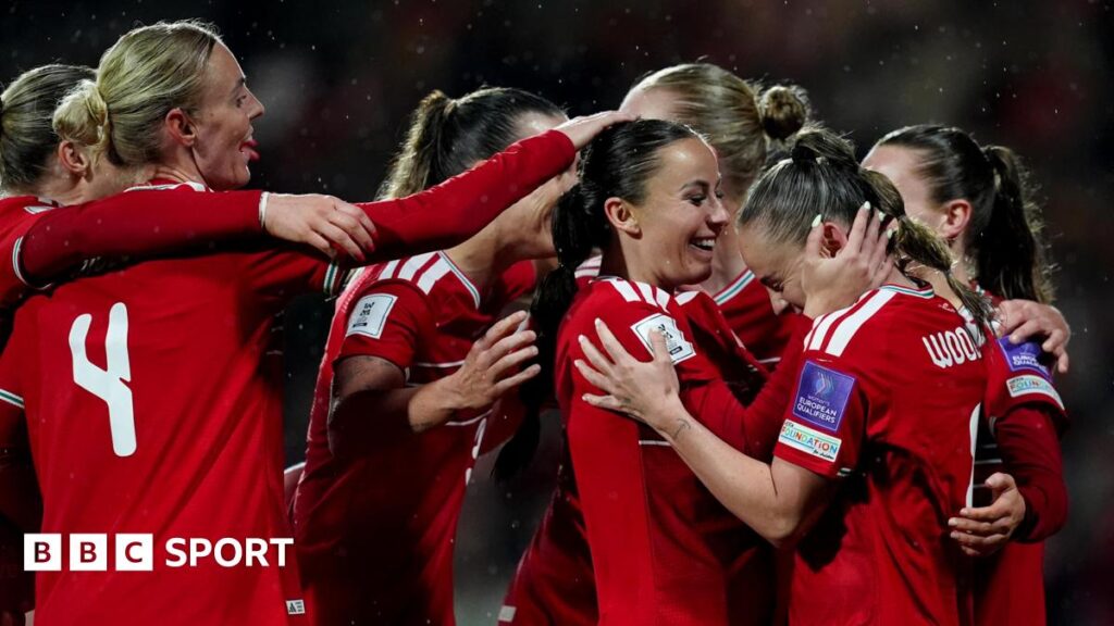 Wales players celebrate Hannah Cain's early opener