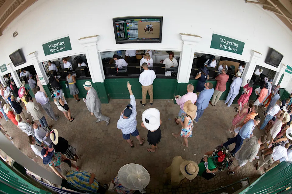 Horse Racing: Kentucky Derby: Aerial view of spectators at wagering windows before race at Churchill Downs.Louisville, KY 5/7/2016CREDIT: Heinz Kluetmeier (Photo by Heinz Kluetmeier /Sports Illustrated via Getty Images)(Set Number: SI365 TK2 )