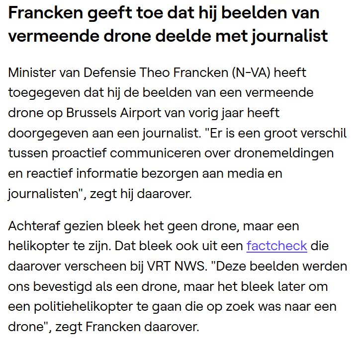 Francken admits that he shared images of an alleged drone with a journalist