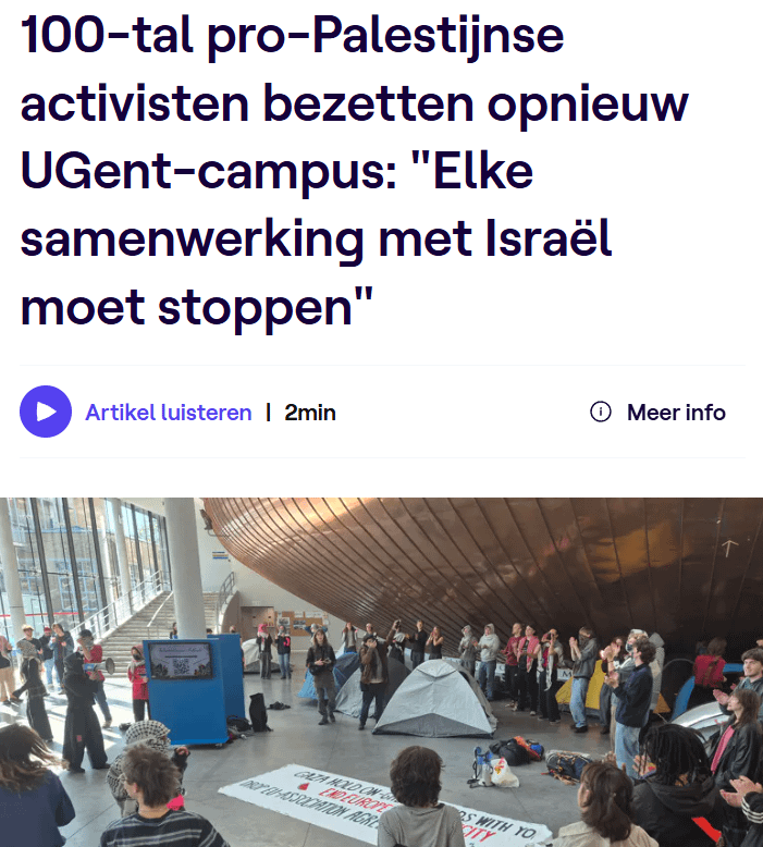 About 100 pro-Palestinian activists again occupy Ghent University campus: "Any cooperation with Israel must stop"